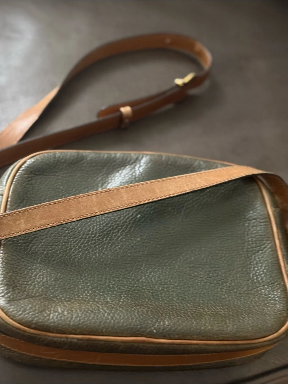 Vintage Celine Olive Green Pebbled Leather Messenger with Tan Trim
